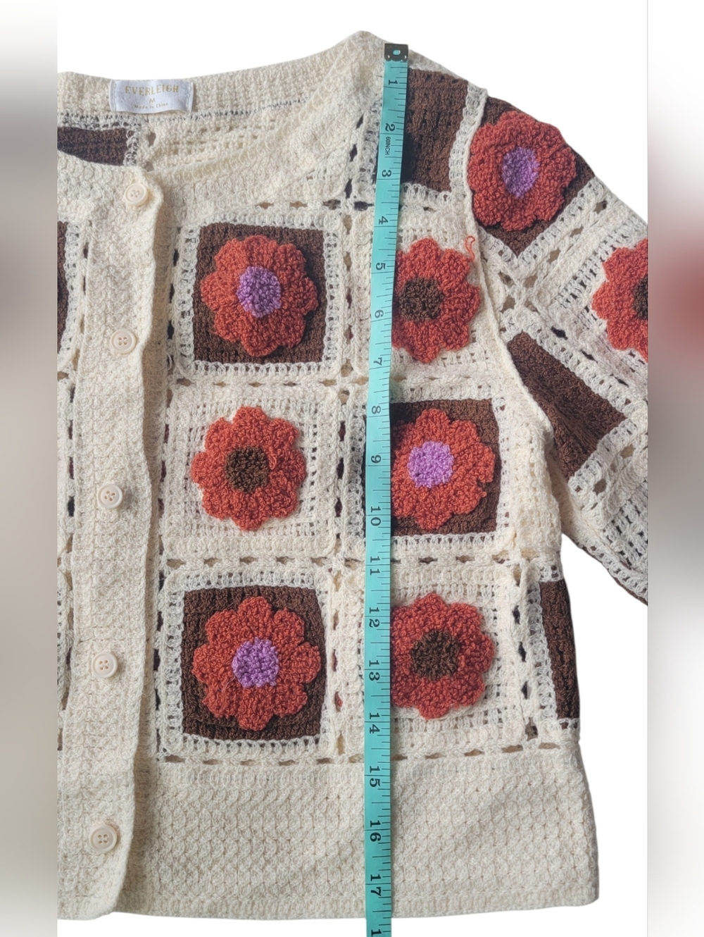 Everleigh Patchwork Granny Boho Retro Square Floral Cropped Cardigan Sz M - Picture 9 of 10